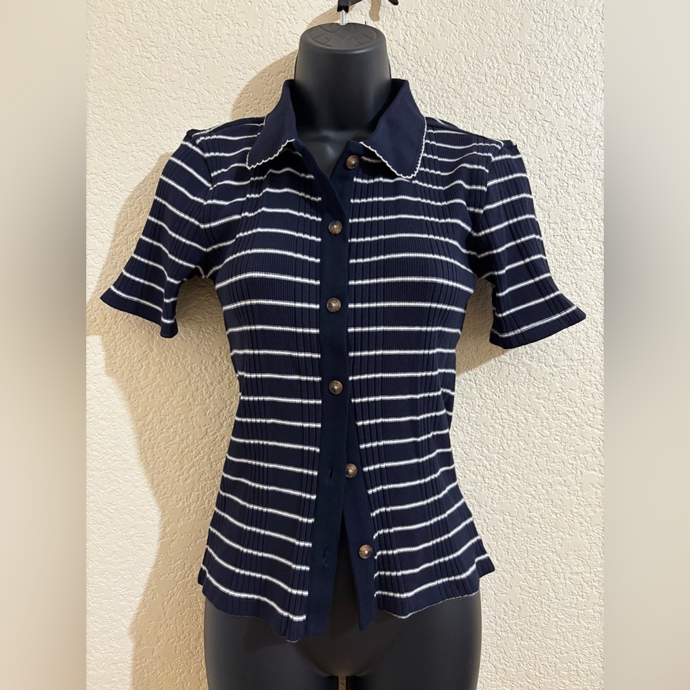 Ann Taylor Navy and White Striped Button-Down Shirt NWT